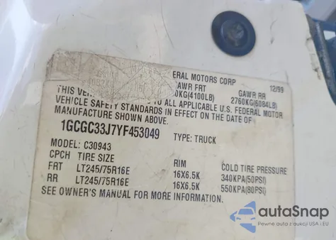 2000 Chevrolet C/K 3500 from USA, damaged, VIN 1GCGC33J7YF453049